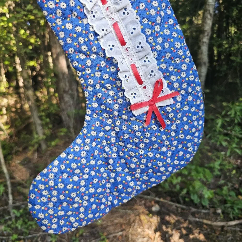 Vintage Quilted Blue Floral Christmas Stocking with Lace & Ribbon Accents